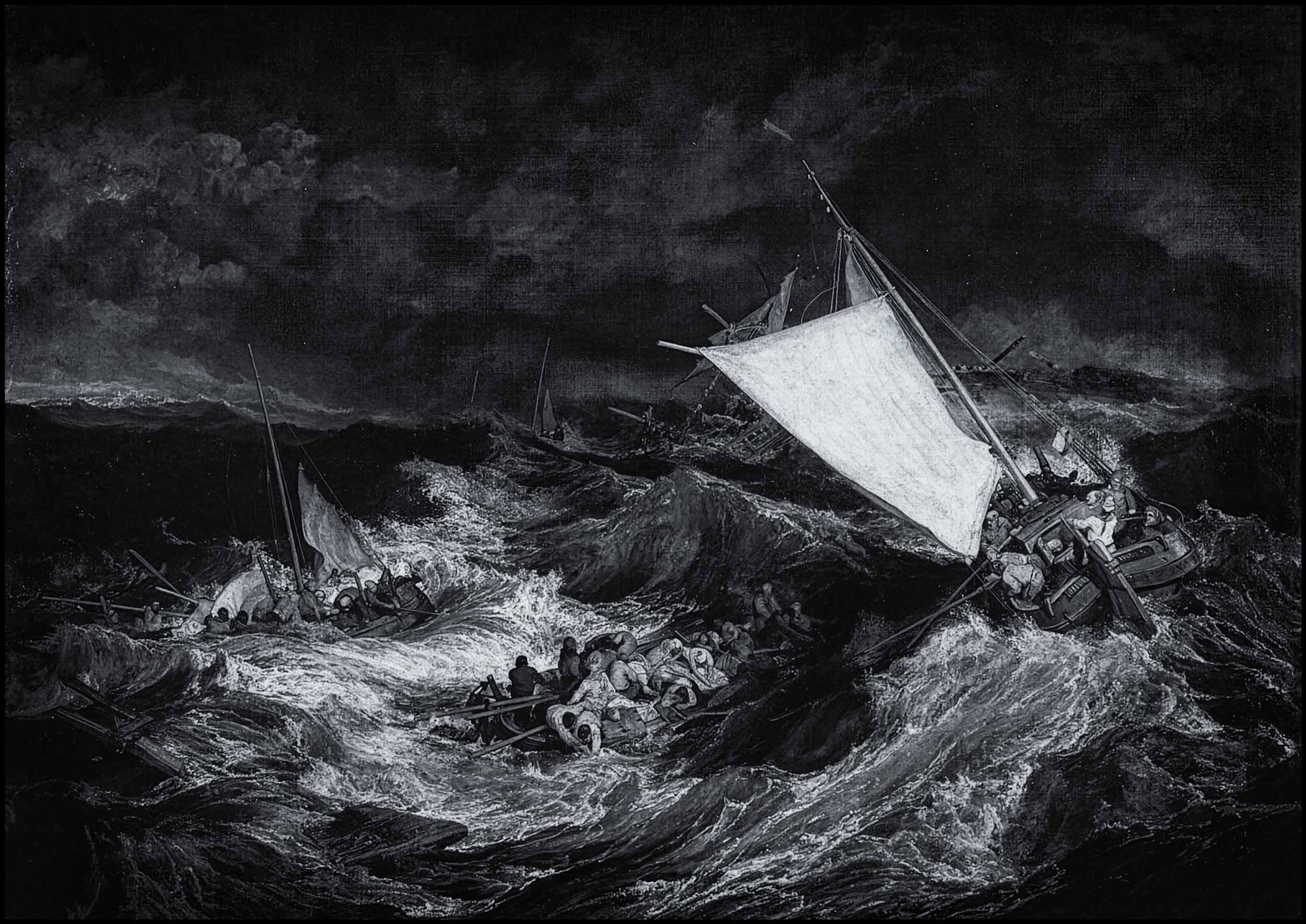Turner’s Shipwreck at sea shows a vessel foundering with no land in sight. It was completed around 1805, when it was exhibited in Turner’s own gallery in Queen Anne Street.